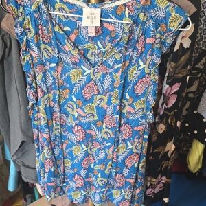 Knox Rose Blue Floral V-Neck Cap-Sleeve Blouse